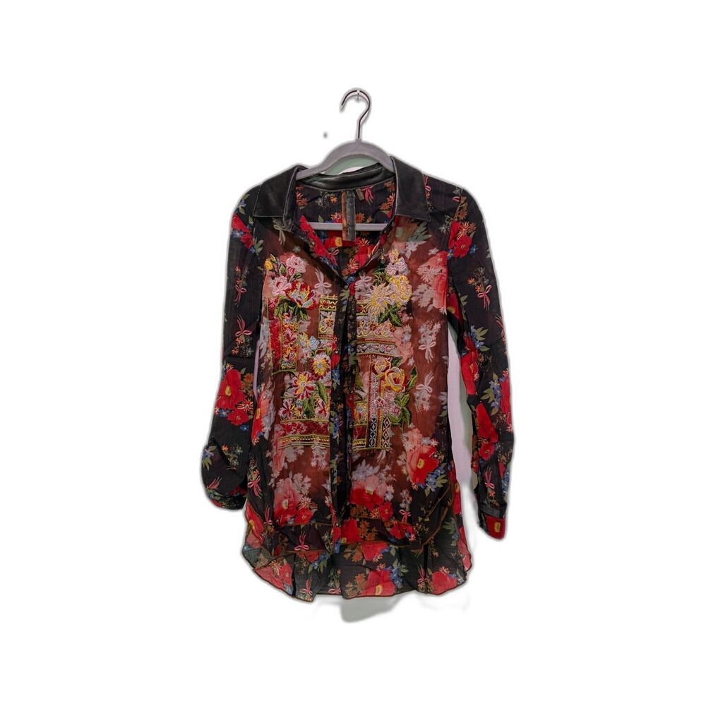 Anthropologie Embroidered Floral Sheer Button-Up Blouse XS Black Multicolor Boho